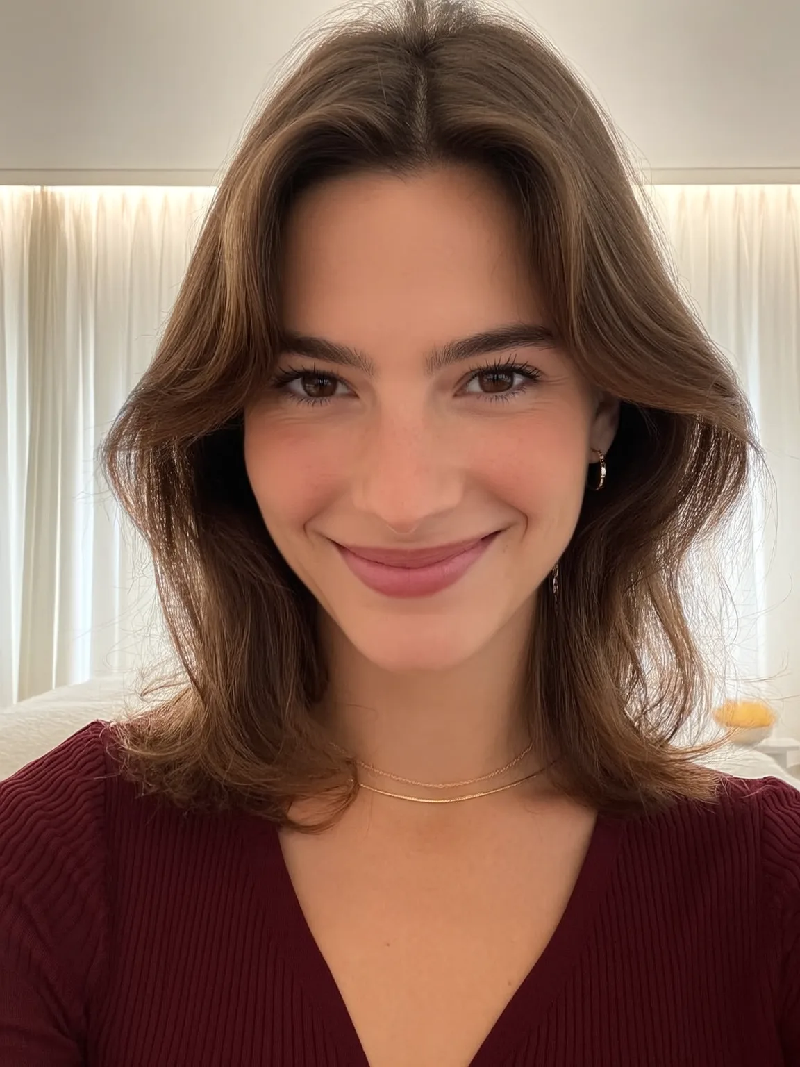 Soft Layered Bob with Warm Chestnut Waves